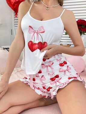 SHEIN Cherry Bow Pajama Set White Pink Satin Look Size S NWOT